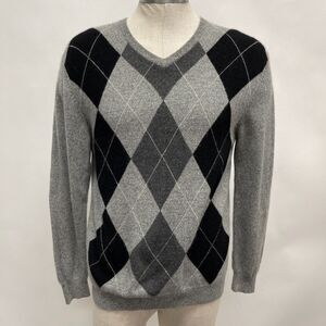 Northern Isles Sweater Medium Gray Argyle Diamond 100% 2 Ply Cashmere V-Neck